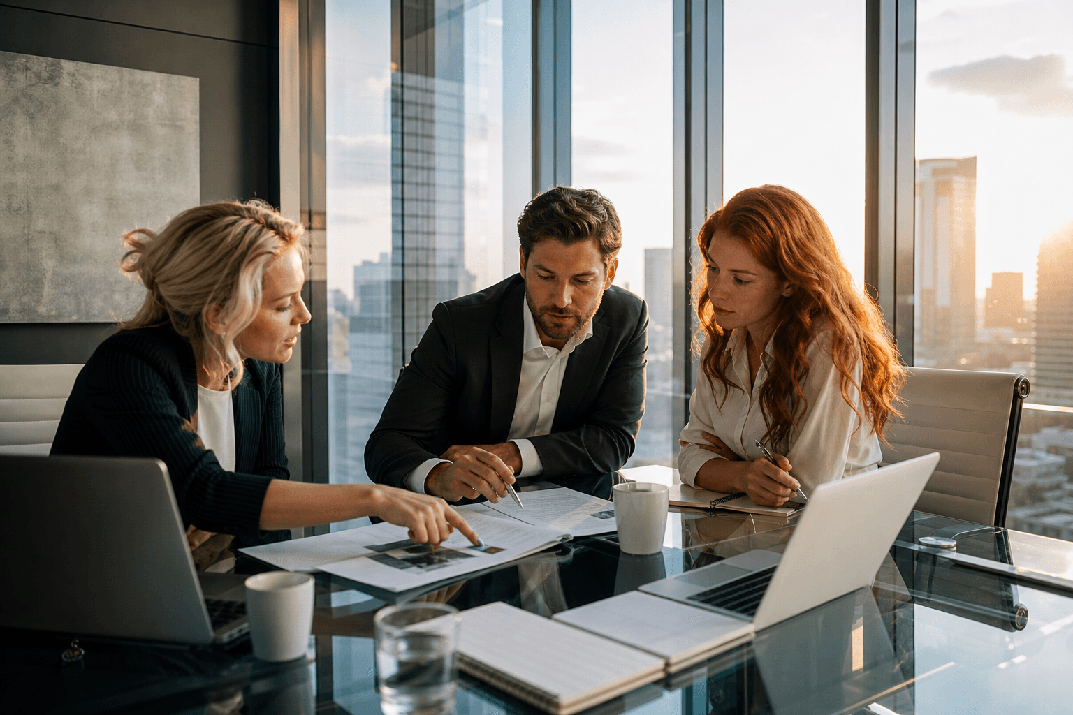 FedOP consultants collaborating with a client team around a glass conference table