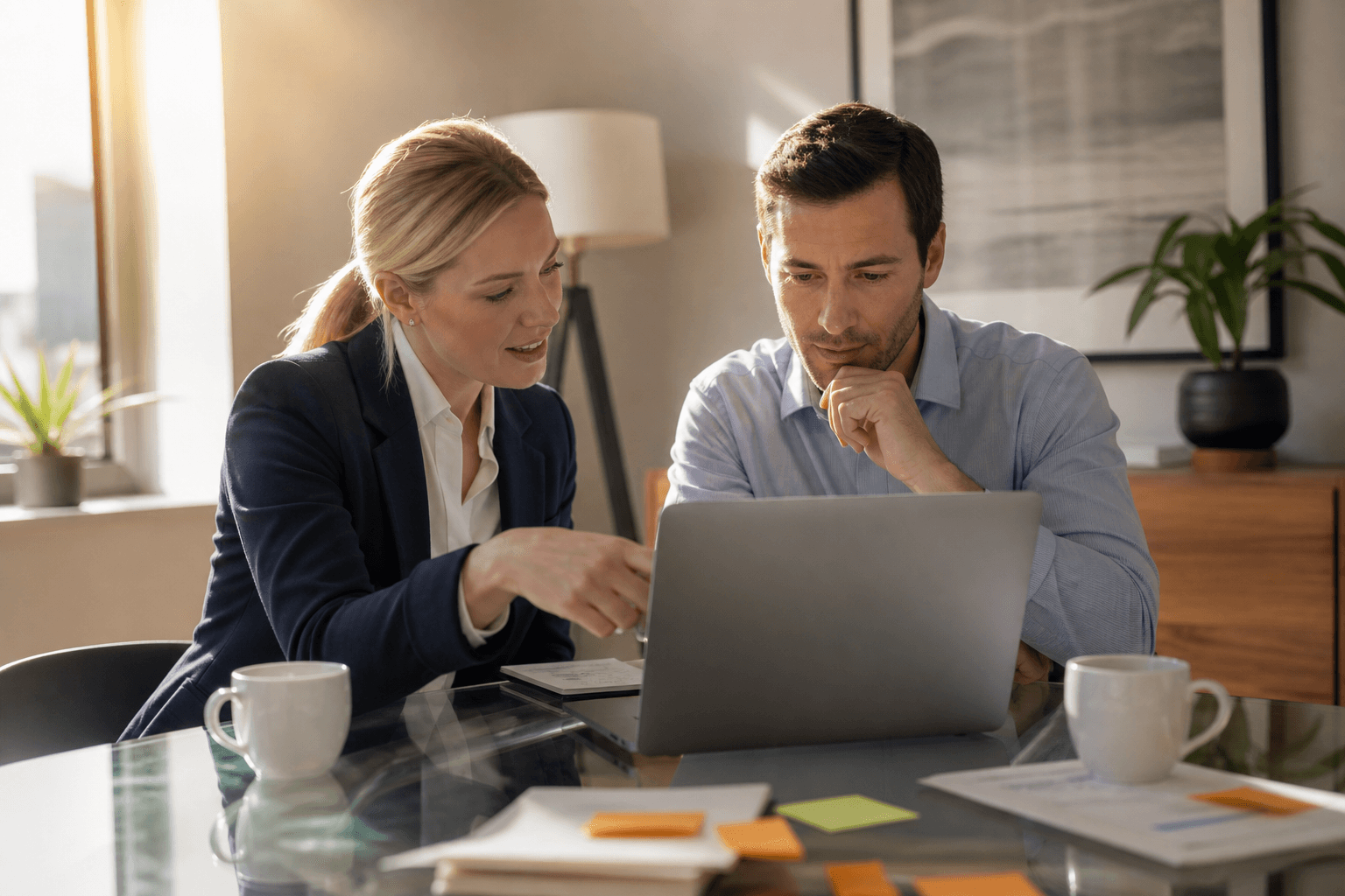 A FedOP consultant and client reviewing documents together at a glass desk