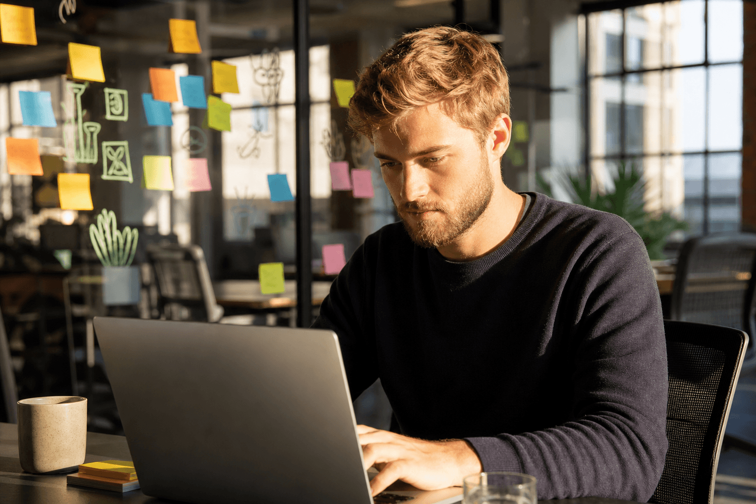 A startup founder working through an application plan on a laptop